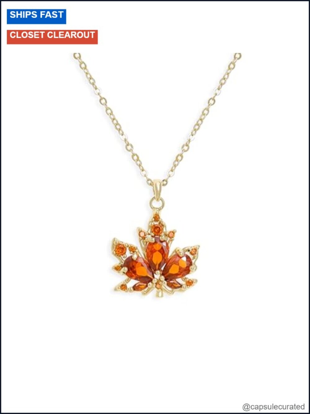 Dainty Maple Leaf Pendant Necklace with Orange CZ Rhinestones Brass Link